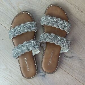 Tahari silver beaded and studded sandals size 4.